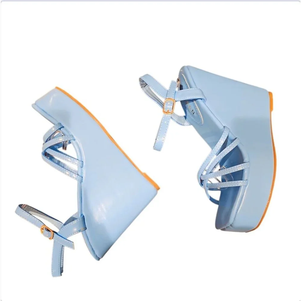 Pastel Blue Strappy Platform Wedge Sandals With Ankle Strap - Picture 3 of 4